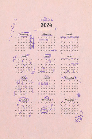 Calendar 2024 on one page, month starts on Sunday. Doodles and pen drawings on paper texture background.の写真素材