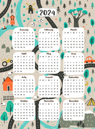 Kid's annual calendar 2024 with cute map -  roads, cars and forest. Vector illustration for playroom decoration. Week starts on Sunday.のイラスト素材