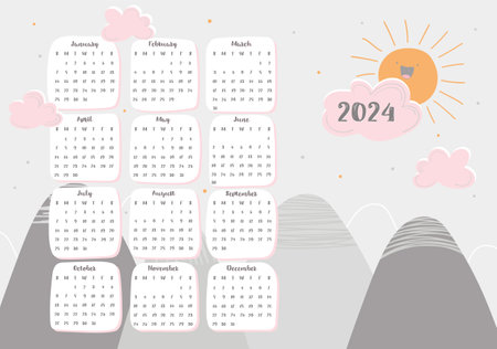 2024 children's calendar, week starts on Sunday, all month on one page. Cute decoration for nursery room. Vector illustration in pastel colors.のイラスト素材