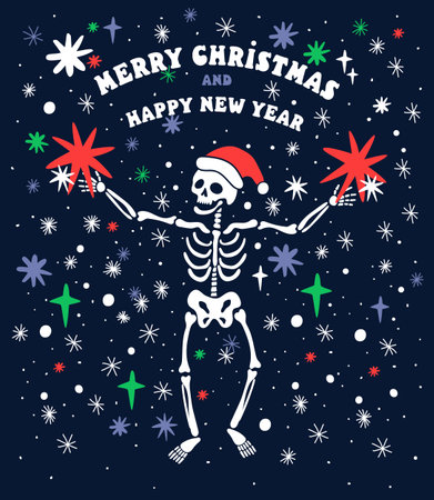 Merry Christmas and Happy new Year Skeleton in Santa red hat with colorful stars and snowflakes.のイラスト素材