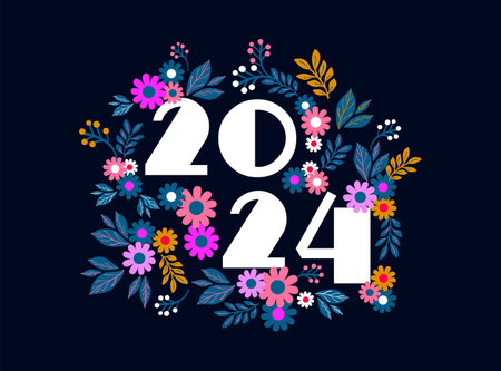 2024 logo with bright flowers. Holiday design for greeting card, invitation, calendars and more.のイラスト素材