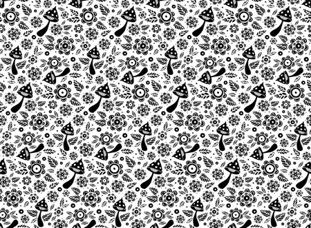 Small flowers and mushrooms seamless pattern. Hand drawn vector illustration. Transparent backgroundのイラスト素材