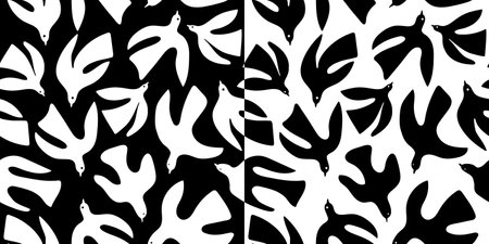Set of seamless patterns with black and white birds. Abstract vector illustration.のイラスト素材