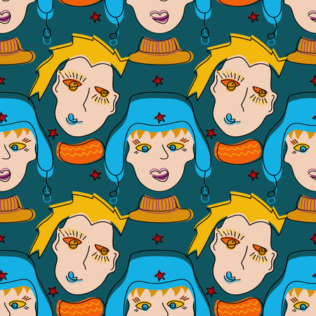 Abstract faces seamless pattern.Two weird persons vector illustrationのイラスト素材