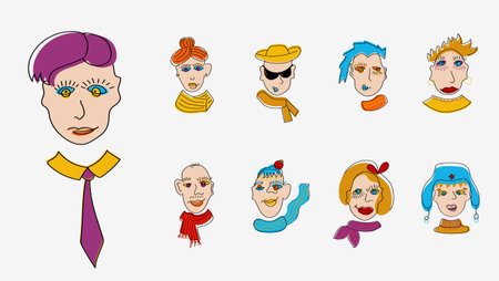 Comic abstract human faces set. Hand-drawn characters vector illustration. Every element you can use separatelyのイラスト素材