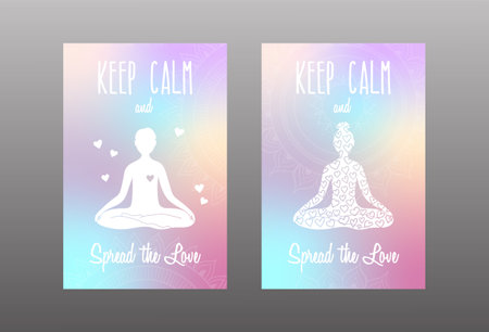 Set of 2 posters with colorful gradient and mantra - keep calm and spread the love. Vector illustration for greeting card and bannerのイラスト素材
