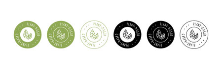 Plant based product icon. Round vector sticker set in different colors, isolated on white backgroundのイラスト素材