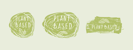 Plant based food labels on green textured background. Vector illustration setのイラスト素材