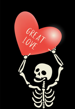 Cartoon skeleton holding big red heart with text - great love. Vector illustration for Valentine's Dayのイラスト素材