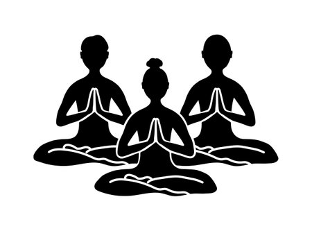 Human's silhouettes sitting in lotus position, hands in namaste mudra. Meditating symbol isolated on white background. Vector illustrationのイラスト素材