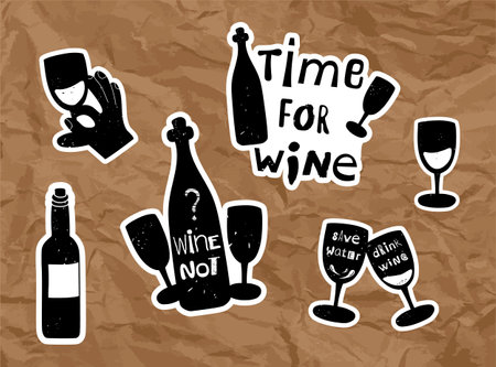 Sticker set for wine lover. Vector illustration with short sayings about wineのイラスト素材