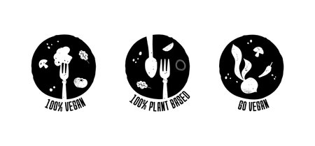 Set of 3 round labels with vegetables. Plant based food concept. Vector illustration isolated on white backgroundのイラスト素材