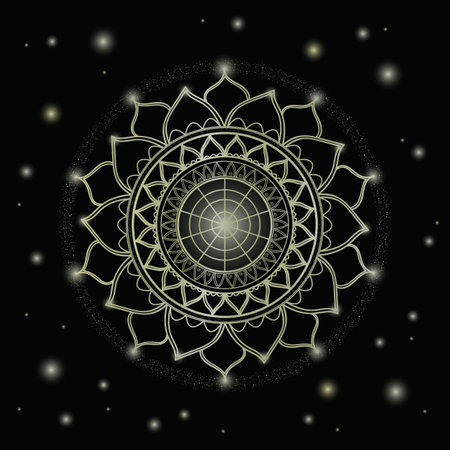 Golden mandala on black background. Geometric circle element vector illustration for decorationのイラスト素材
