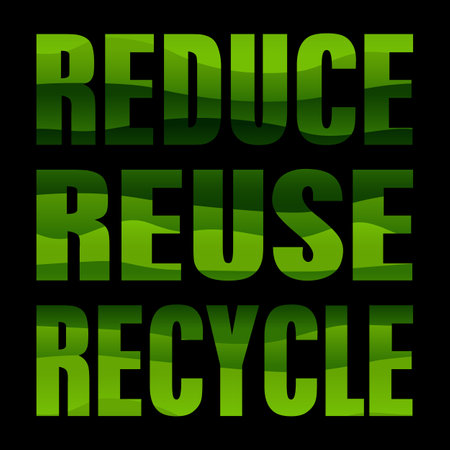 Square poster with three main words of ecology consumption - reduce, reuse, recycle. Green gradient letters on black backgroundのイラスト素材