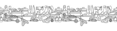 Fish and meat seamless border for menu and cookbook decoration. Vector illustration, transparent background.のイラスト素材