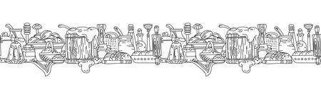 Horizontal seamless border with ingredients and kitchen utensils for homemade baking. Vector illustration on transparent backgroundのイラスト素材