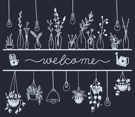 Shelves with flowerpots and handwritten text - welcome. Vector bannerのイラスト素材
