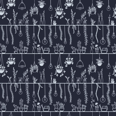 Home plants on the shelves and light bulbs. Seamless pattern on dark background. Hand-drawn vector illustrationのイラスト素材