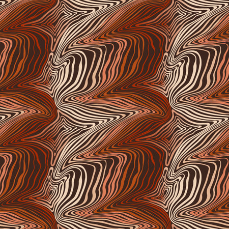 Dynamic 3D waves of vertical poles in a gradient from warm beige to red, set against maroon background. The vibrant lines create a stunning effect resembling colored paint. Hand drawn vector pattern.のイラスト素材