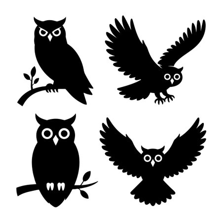 Owl black silhouettes set isolated on white background. Vector illustration.のイラスト素材