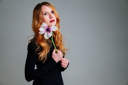Portrait of red-haired young girl florist with anemone in hands on light background.の写真素材