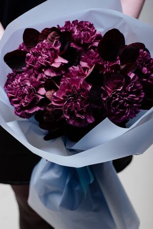 Bouquet of flowers in blue transparent package in the hands of a woman florist. Carnation, cotinusの写真素材