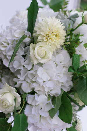 flower composition with hydrangea, rose and dahlia in wedding dayの写真素材