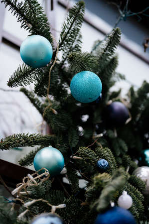 Close-up beautiful fir branch on Christmas tree with vintage glass toys in blue and silver colorsの写真素材