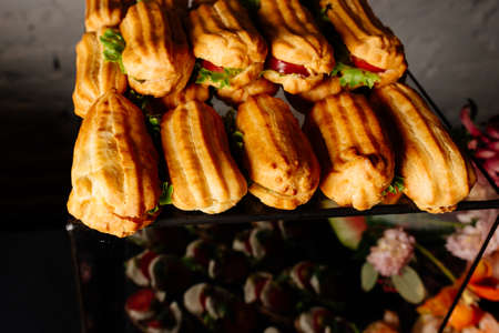 Tasty sandwich eclairs with tomato and salad on gray backgroundの写真素材