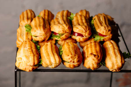 Tasty sandwich eclairs with tomato and salad on gray backgroundの写真素材
