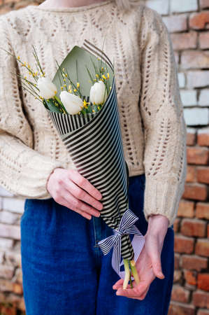 Bouquet of white tulips in striped black and pistachio-colored package in the hands of girl florist in knitted pullover on brick wall background.の写真素材
