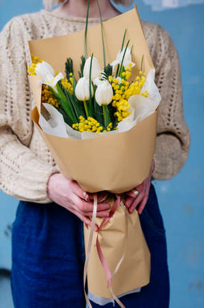Bouquet of white tulips, narcissus and mimosa in beige package in the hands of girl florist in knitted pullover on blue background.の写真素材