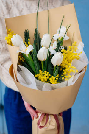 Bouquet of white tulips, narcissus and mimosa in beige package in the hands of girl florist in knitted pullover on blue background.の写真素材