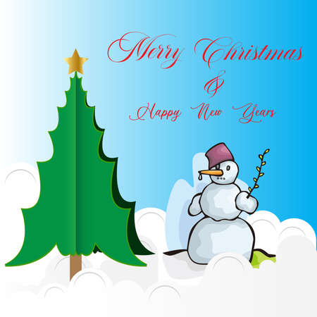 Christmas and New Year Typographical on shiny Xmas background with winter landscape with snowflakes, light, stars. Merry Christmas card. Vector Illustrationのイラスト素材