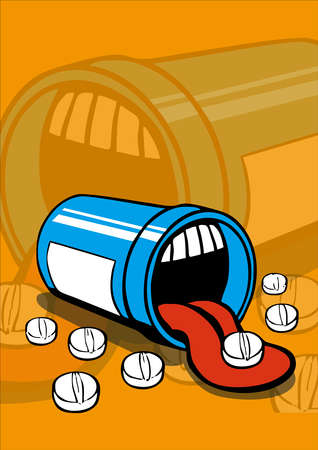 Throw medicine into the trash can. Vector illustration, flat cartoon design isolated on orange backgroundのイラスト素材