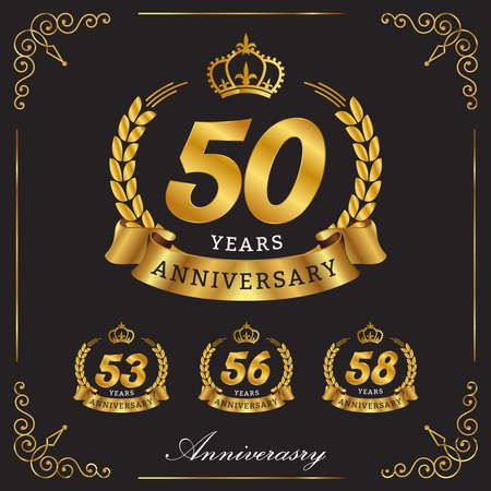 set 50, 53, 56, 58 th golden anniversary , with gold ribbon, laurel wreath isolated on black background, vector design for birthday celebrationのイラスト素材