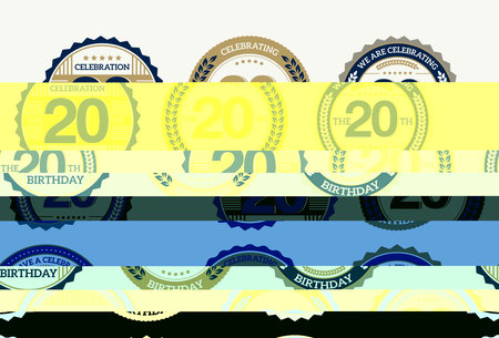 set 20 year Birthday round seals with different icons, vector illustration