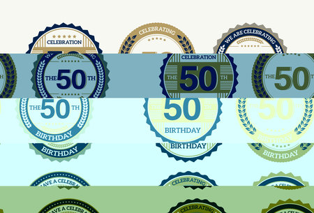 set 50 year Birthday round seals with different icons, vector illustrationの写真素材