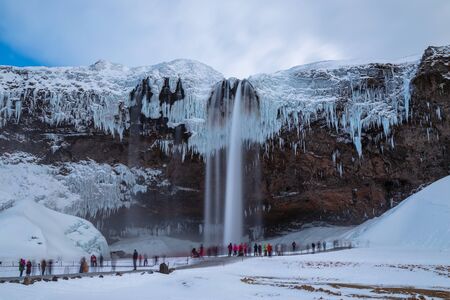Iceland seljalandsfoss waterfall, winter in Iceland, seljalandsfoss waterfall in winterの写真素材
