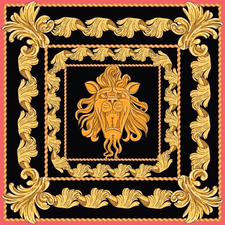 A scarf with a pattern of golden lions' heads with open mouth. Isolated elements in modern style on a black background.のイラスト素材