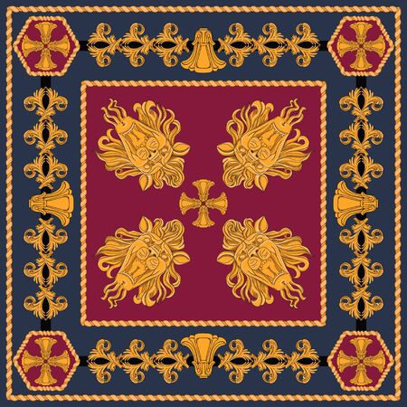 A scarf with a pattern of gold heads of lions and abstract elements in the Art Nouveau style. Separate elements on a black and claret background.のイラスト素材