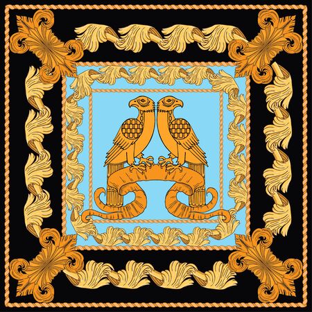 Scarf with the image of golden birds on a black and blue background. Art Nouveau pattern.のイラスト素材