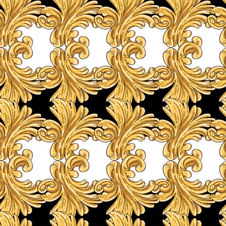 Seamless pattern of gold leaves on a black and white background.のイラスト素材