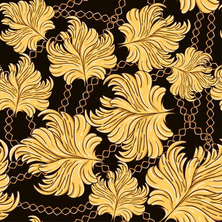 Seamless pattern of gold chains and gold leaves in art nouveau style.のイラスト素材