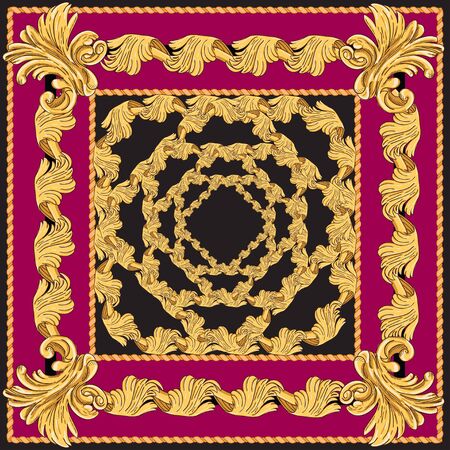 Scarf with a pattern of gold elements. Golden border on a black and burgundy background in the power of modern.のイラスト素材