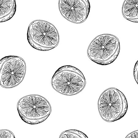 Seamless pattern with the image of the slices of lemons. Black and white image. Ink drawing. Vector.のイラスト素材