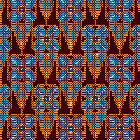 Knitted ornament of blue flowers in golden drops. East style.のイラスト素材