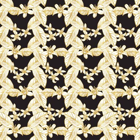 Golden flowers and lemon leaves folded in vertical and horizontal lines. Seamless pattern. White and gold pattern on a dark background.のイラスト素材