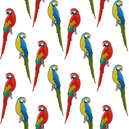 Exotic macaw parrots. Blue-yellow and red-green parrots on a white background. Seamless pattern.のイラスト素材