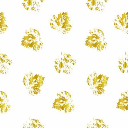 Pattern of gold prints of viburnum leaves. Imprints of individual leaves on a white background. Seamless pattern. Natural leaves.のイラスト素材